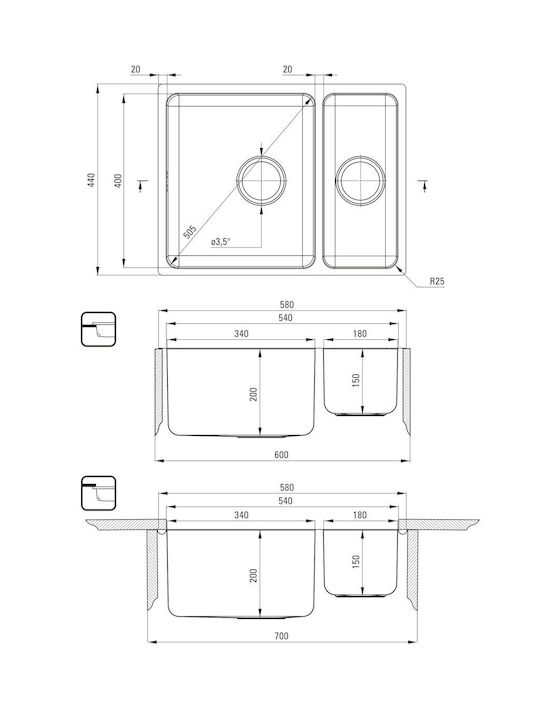 Deante Chiuvetă Sub Masă Inox Satinat cu Baterie M58xL44cm Gri