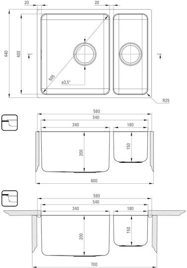 Deante Chiuvetă Sub Masă Inox Satinat cu Baterie M58xL44cm Gri