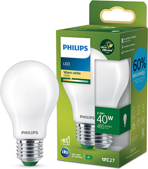 Philips LED Bulb 2.3W 104mm for Socket E27 and Shape A60 Warm White 600lm