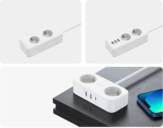 Ugreen Πολύπριζο 2 Θέσεων με 2 USB-A, 1 USB-C και Καλώδιο 1.8m
