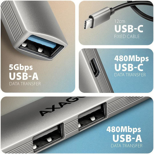 Axagon USB Хъб 12 Порта USB 2.0 с Връзка USB-A / USB-C Сив