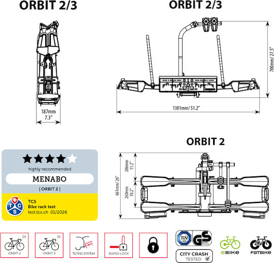 Menabo Orbit 2 Tow Hitch Car Rack for 2 Bicycles