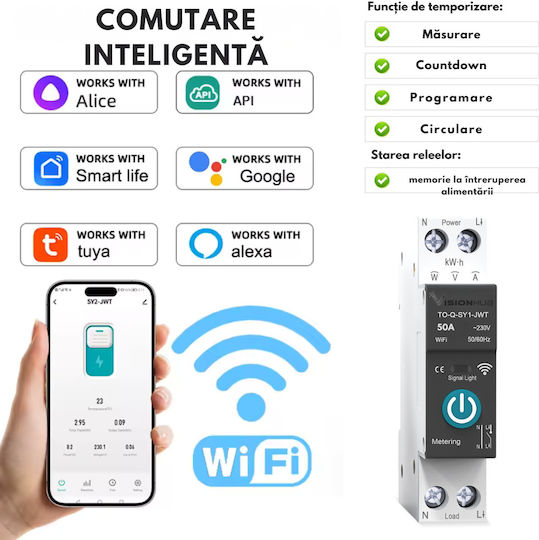 Contor Inteligent De Energie Cu Siguranță Wifi 50A Monitorizare Consum Control De La Distanță Programare Inteligentă Compatibil Cu Smart Life Tuya Alexa Google Home Montaj Pe Șină Din
