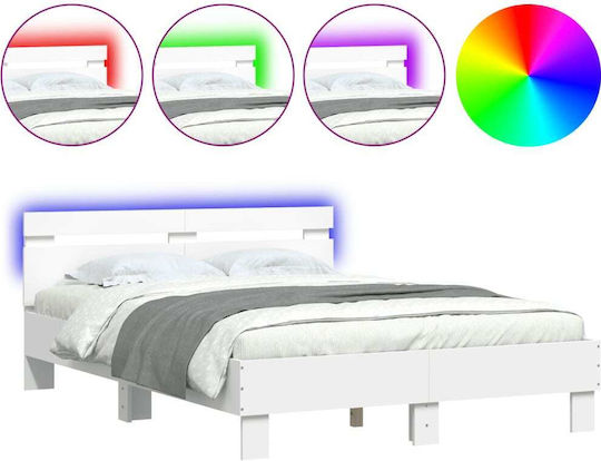 Double Wooden White Bed with Slats for Mattress 135x190cm