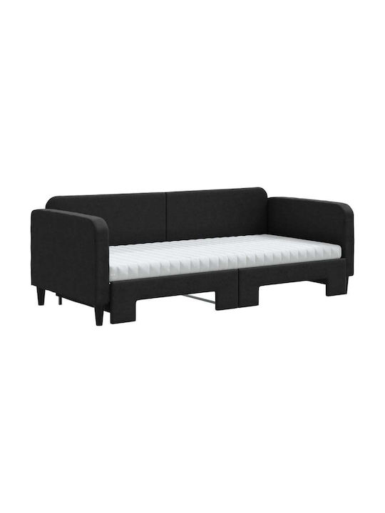 Canapea Pat Single din Lemn Masiv Negru cu Lamele & Saltea 90x200cm