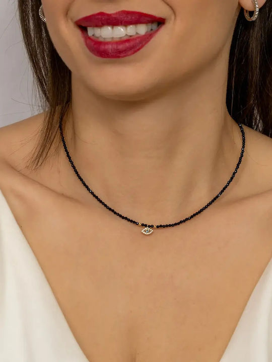 Necklace Rosary From 14K Gold With Black Zircon