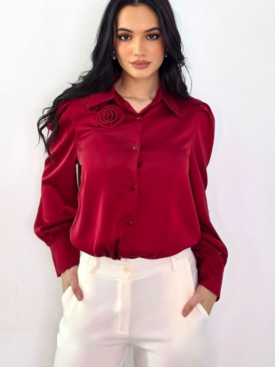 Cămașă De Damă Mătăsoasă Cu Mâneci Lungi Roșie Floral
