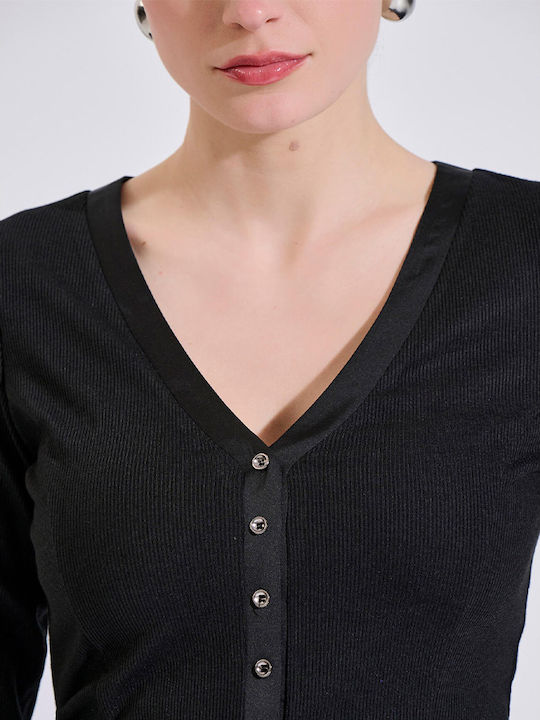 Women's Long Sleeve Blouse with V-Neck Black