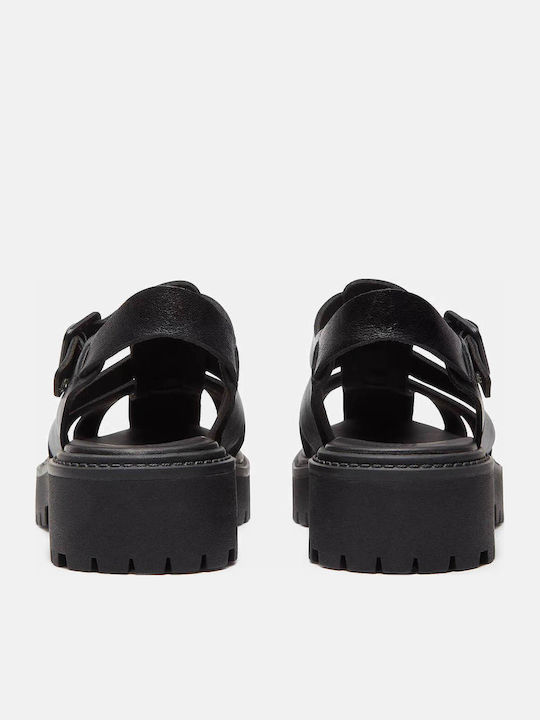 Leder Flache Sandalen für Damen Schwarz