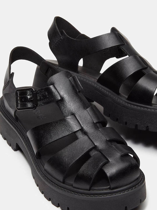 Leder Flache Sandalen für Damen Schwarz