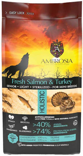 Ambrosia Fresh Salmon & Turkey Senior Light Sterilized Mini Breeds 5kg Ξηρά Τροφή Διαίτης, χωρίς Σιτηρά για Ηλικιωμένους Στειρωμένους Σκύλους Μικρόσωμων Φυλών με Γαλοπούλα και Σολομό