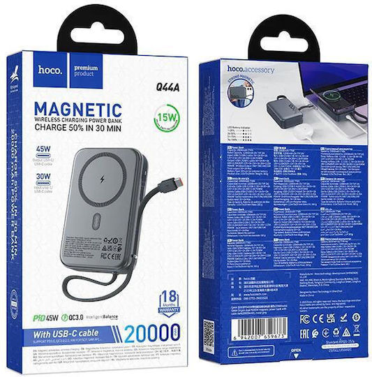 Hoco Q44A MagSafe Power Bank 20000mAh 45W με Θύρα USB-C Power Delivery / Quick Charge 3.0 Μαύρο