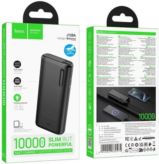 Hoco J158A Power Bank 10000mAh με 2 Θύρες USB-A Μαύρο