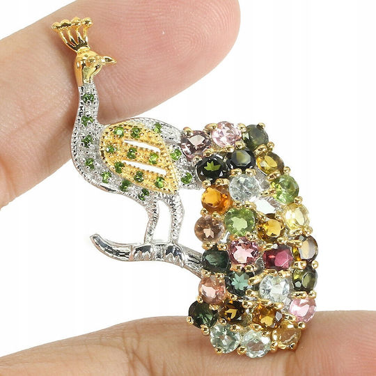 Peacock Brooch Tourmalines Diopsides 925 Silver Beautiful3