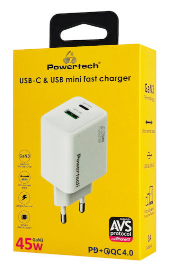 Powertech Φορτιστής Χωρίς Καλώδιο GaN με Θύρα USB-A και Θύρα USB-C 45W Power Delivery / Quick Charge 4.0 Λευκός (PT-1551)