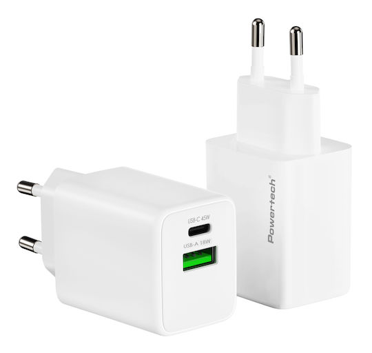 Powertech Φορτιστής Χωρίς Καλώδιο GaN με Θύρα USB-A και Θύρα USB-C 45W Power Delivery / Quick Charge 4.0 Λευκός (PT-1551)