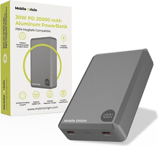 Mobile Origin PB14 MagSafe Power Bank 20000mAh 30W με 2 Θύρες USB-C Power Delivery Γκρι