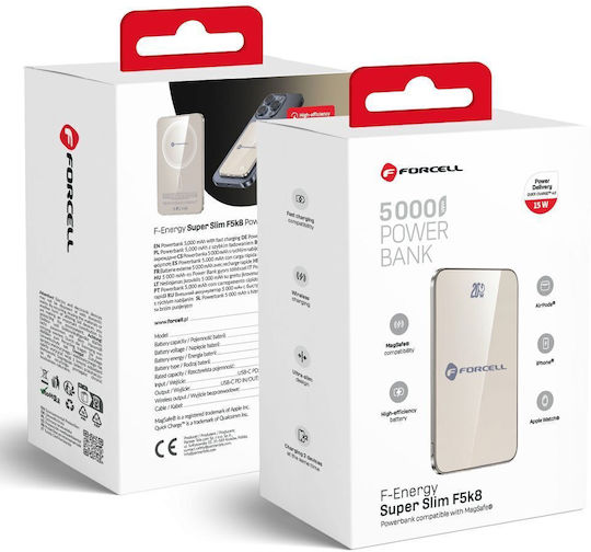 Forcell F-Energy F5K8 MagSafe Power Bank 5000mAh 15W με Θύρα USB-C Power Delivery / Quick Charge Μπεζ