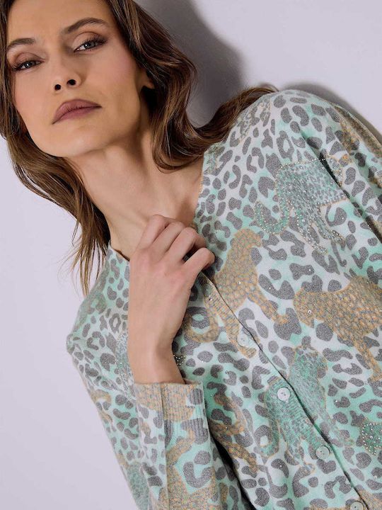 Celestino Strickjacke Für Damen Strass Animal Print Türkis