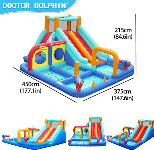 Doctor Dolphin Inflatable Trampoline Double Slide Climbing Water Guns Hoops Rings