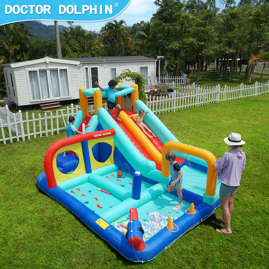 Doctor Dolphin Inflatable Trampoline Double Slide Climbing Water Guns Hoops Rings