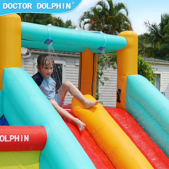 Doctor Dolphin Inflatable Trampoline Double Slide Climbing Water Guns Hoops Rings