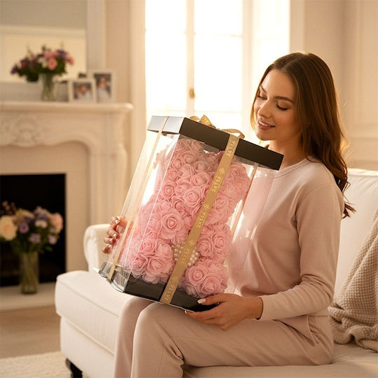 Ursuleț De Pluș Floral Roz Din Trandafiri Din Spumă Cu O Inimă De Perle 25 Cm Decorat Manual În Cutie Cadou