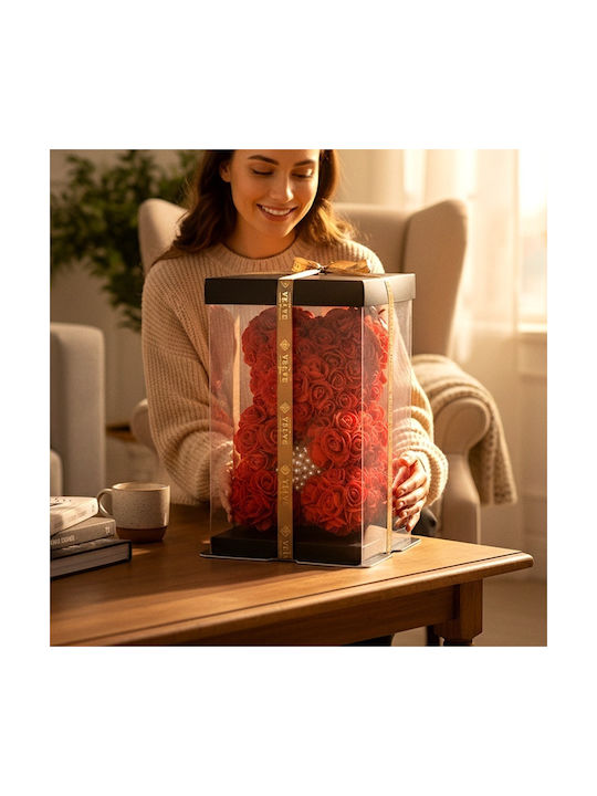 Ursuleț De Pluș Roșu Floral Din Trandafiri Din Spumă Cu O Inimă De Perle 25 Cm Decorat Manual În Cutie Cadou