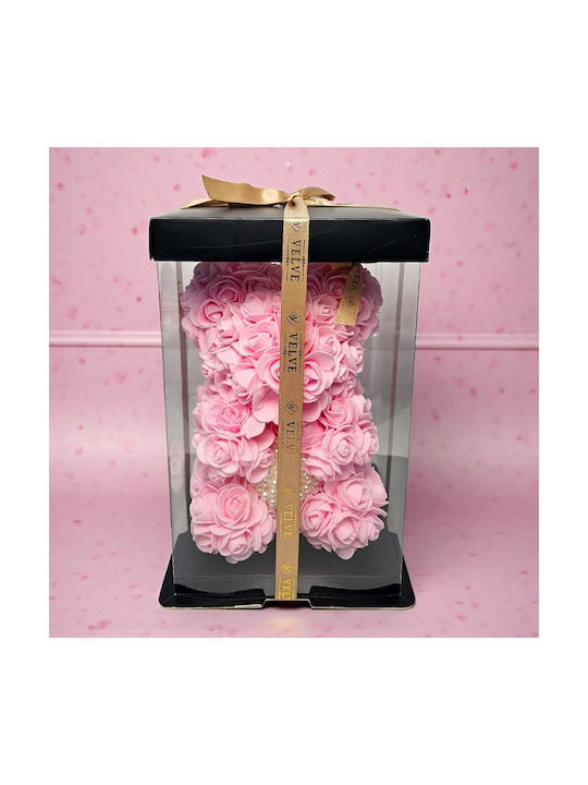 Ursuleț De Pluș Floral Roz Din Trandafiri Din Spumă Cu O Inimă De Perle 25 Cm Decorat Manual În Cutie Cadou