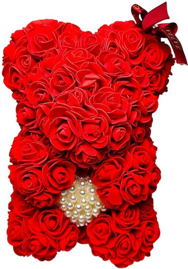 Red Floral Teddy Bear Made Foam Roses A Pearl Heart 25 Cm Hand-decorated In A Gift Box