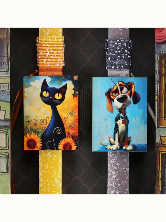 Easter Candle Round with Box Cat Dog Blue
