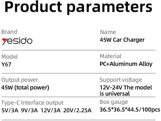 Yesido Car Charger 45W Fast Charging With One Port 1x USB-C Black Colour