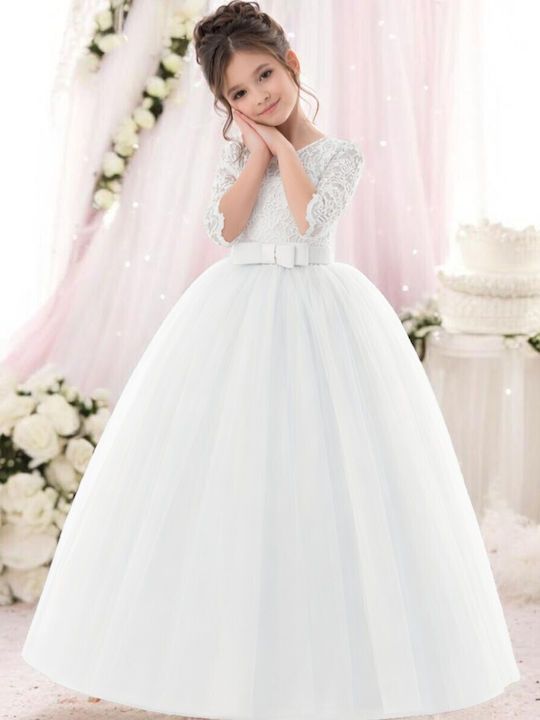 Girls Dress Short Sleeve with Lace for Flower Girl Set with Accessories White