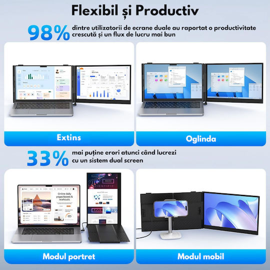 Monitor Portabil Dual Expandabil 14,2 Inch Ecran Ips Full Hd 1080p 300 Nits 60hz Contrast 1 000:1 Compatibil Laptopuri 13"-17,3" Conectivitate Usb-c/hdmi Plug Play Compatibil Windows Macos Linux Android Suport Husa Inclusă