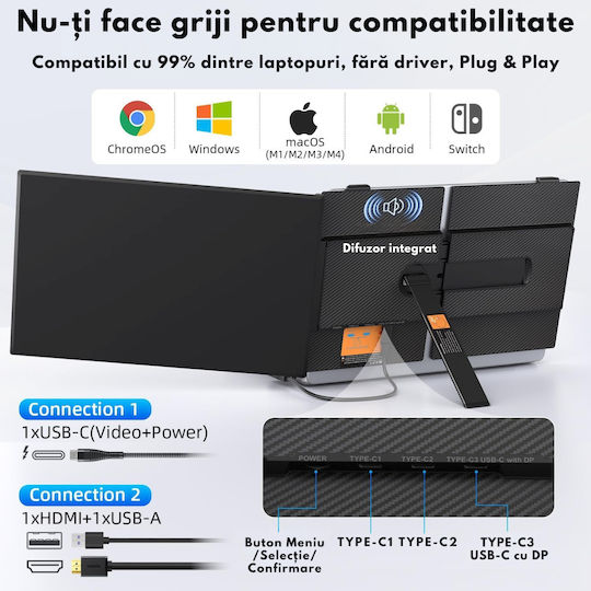 Monitor Portabil Dual Expandabil 14,2 Inch Ecran Ips Full Hd 1080p 300 Nits 60hz Contrast 1 000:1 Compatibil Laptopuri 13"-17,3" Conectivitate Usb-c/hdmi Plug Play Compatibil Windows Macos Linux Android Suport Husa Inclusă