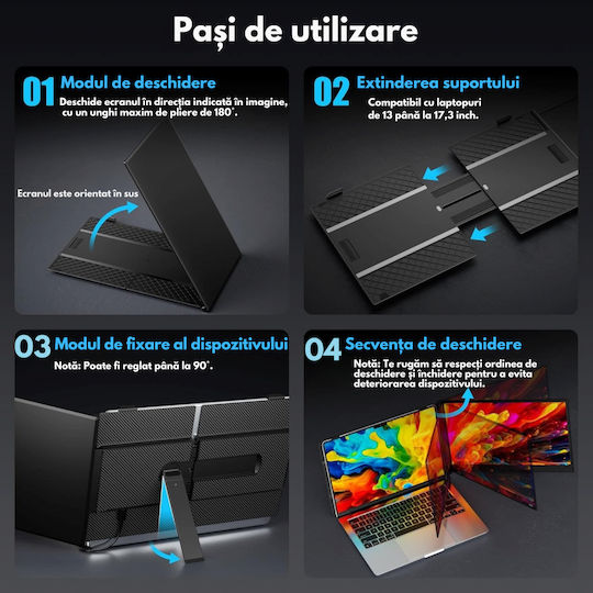 Monitor Portabil Dual Expandabil 14,2 Inch Ecran Ips Full Hd 1080p 300 Nits 60hz Contrast 1 000:1 Compatibil Laptopuri 13"-17,3" Conectivitate Usb-c/hdmi Plug Play Compatibil Windows Macos Linux Android Suport Husa Inclusă
