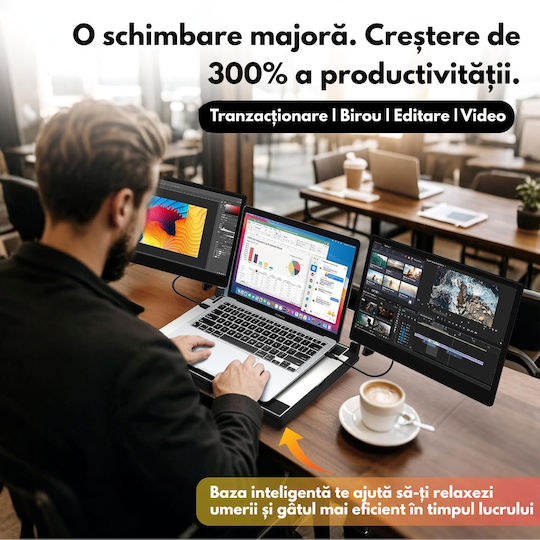 Monitor Portabil Dual Extensibil 14" FHD 1080p Suport Răcire Bază Extindere Ecran Laptop 360° Rotație Compatibil Laptopuri 7 Până La 18 Inch Tri-ecran Windows Mac USB-C HDMI Plug Play Gaming Birou