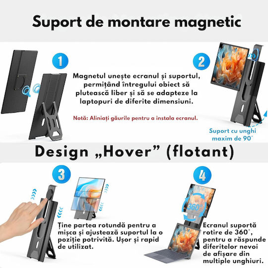 Monitor Portabil Extensibil Laptop Qova Ecran 16 Inch Ips Full Hd 1200p Display 60hz Contrast 1000:1 16,7 Milioane Culori Rotire 360° Compatibil Windows Macos Linux Android Design Vesa Plug Play Port Usb-c Suport Inclus