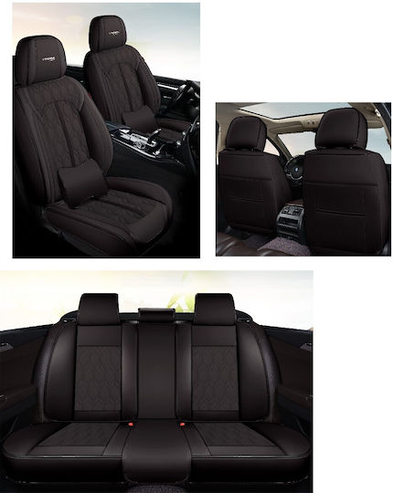 Set 1 Huse Scaune Auto Premium 5 Locuri Carguard Deluxe Piele Eco Perforată Neagră