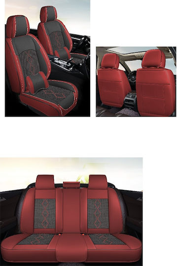 Huse Scaune Auto Premium 5 Locuri Carguard Deluxe Piele Eco Perforată Textil Roșu Închis Negru