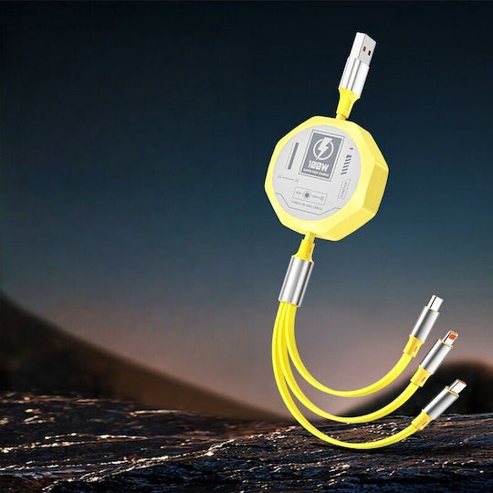 Cablu Telefon 3în1 Extensibil Alista Home 100w Încărcare Rapidă Stil Mecha Potrivit Pentru Mașină Universal 1.2m Galben