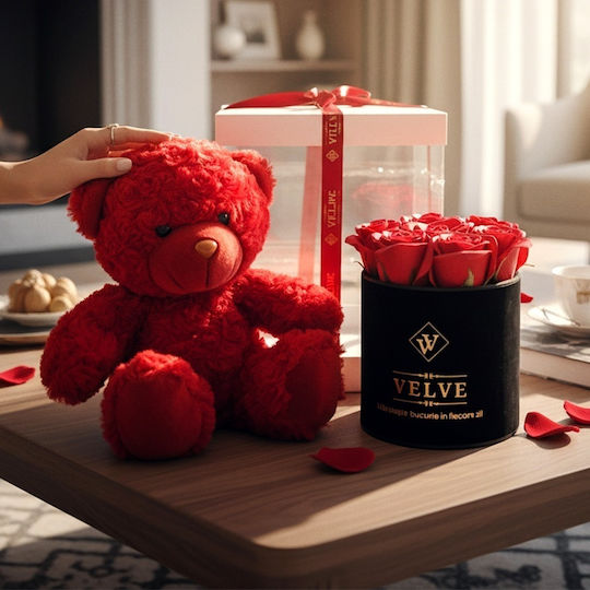 Pachet Special De Valentine Tommy Bear Aranjament 20 Cm 7 Trandafiri Săpun În Cutie Elegantă