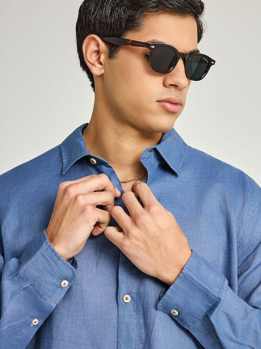 Long Sleeve Linen Shirt in Regular Fit Blue