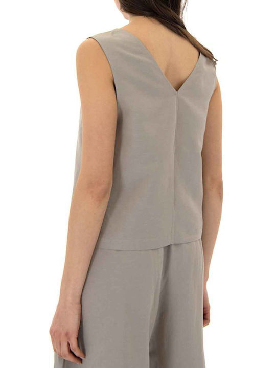 Moutaki Women's Summer Linen Sleeveless Blouse with V Neckline Brown