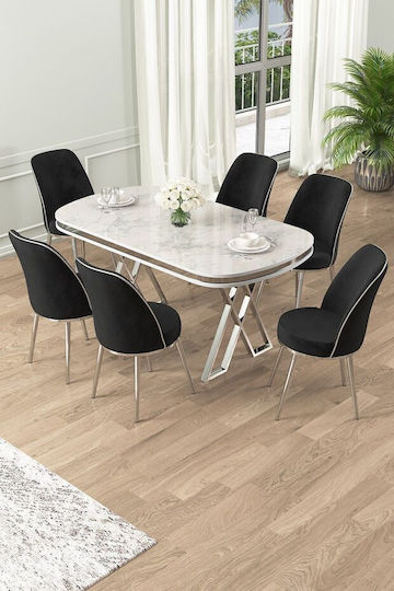 MDF Dining Table White Marble Look With Silver Base 170x90x75cm MDF Dining Table White Marble Look With Silver Base 170x90x75cm