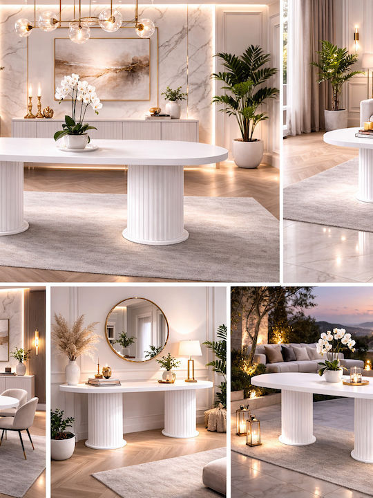 Бяла Маса За Трапезария MDF Овална С Цилиндрични Крака 90x170см