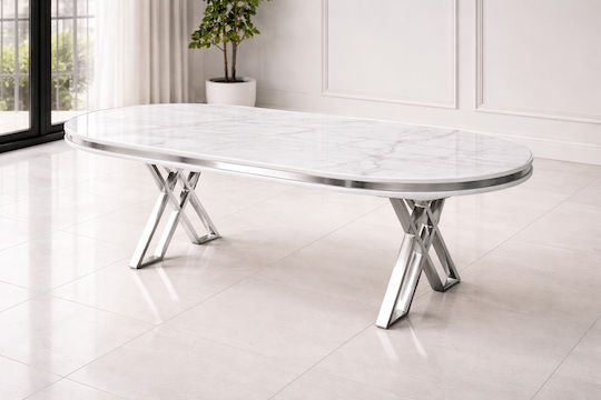 MDF Esstisch Mit Weißer Marmoroptik Und Silberner Basis 170x90x75cm