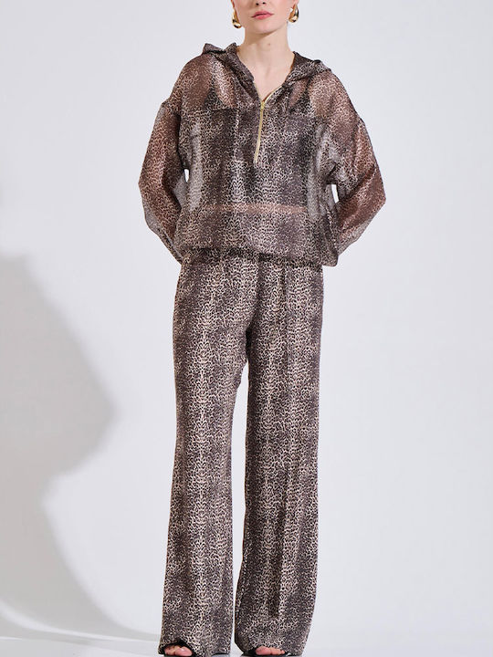 Women's High Rise Fabric Trousers with Rubber Band Leopard Brown