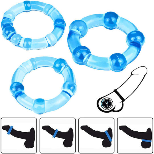 Smd Stay Hard Penis Beaded Rings Set Comfort Fit Beaded Δαχτυλίδια Στύσης Σιλικόνης Light Blue 3τμχ