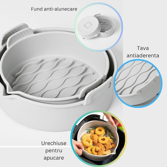 Set 2 Tăvi Ecologice din Silicon pentru Air Fryer Alista Home Temperatură Maximă 230 Grade Reutilizabile Reciclabile Mânere Antiderapante Fund Antiaderent 18.7 X 19.5 X 7 Cm Gri